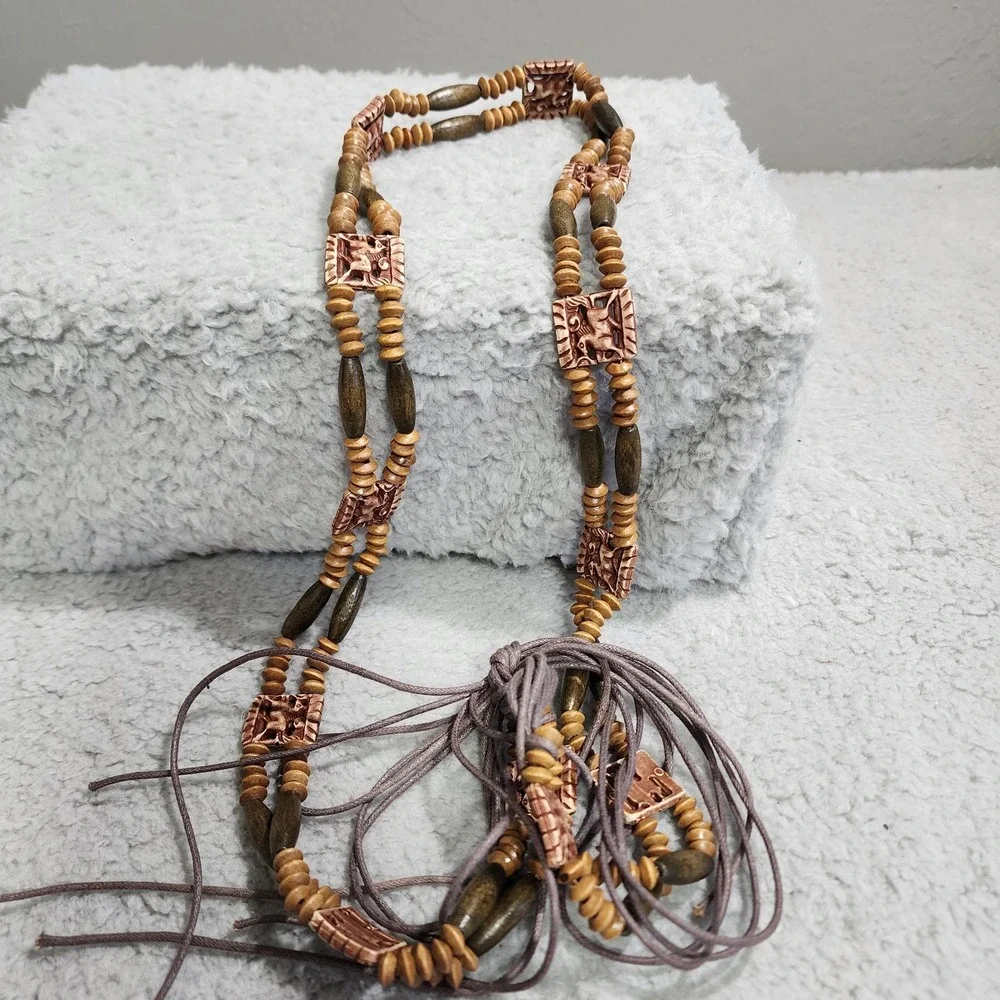 Vintage Wooden Beaded Safari Belt Tie 90s Boho Tribal Zoo Year of the wood horse
